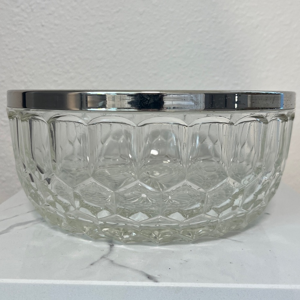 Vintage Crystal Cut Glass Bowl With Silver Plated Rim 8-3/4" In Diameter